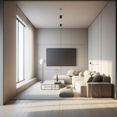 Televisi&oacute;n colocada sobre una mesa de madera con soporte para televisi&oacute;n, en un espacio vac&iacute;o m&iacute;nimo, sala de estar, fondo de pared blanca.