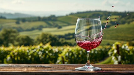 A dramatic splash of red wine in a glass, with a vineyard in the background
