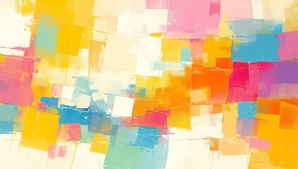 Abstract painting with bright colors, large blocks of color and brush strokes. 