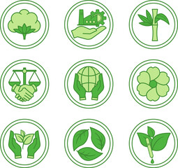 Green Icon Set for Organic Product Packaging. Vector Icons of Organic Cotton, Organic Linen, Organic Bamboo, Fair Trade, Sustainable Development, Eco-Friendly, Recycled Fabrics, Eco-Dyes and other