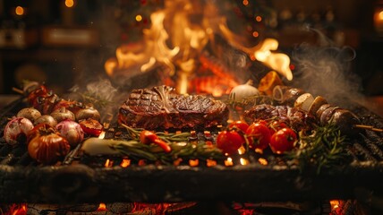 A fiery grill with various meats and vegetables roasting over flames