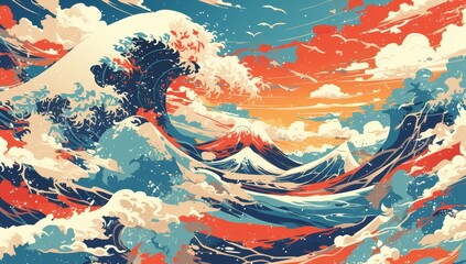 Abstract vector illustration of stormy waves with clouds and wind, creating an artistic representation of the ocean's power and movement. 