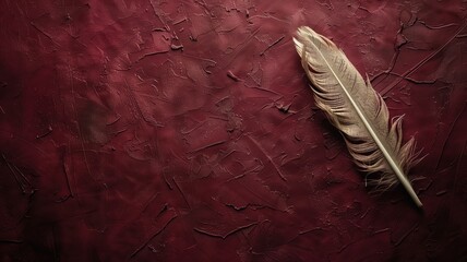 A single quill feather lies diagonally on a textured red background with abstract patterns.
