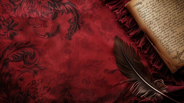 An open book with handwritten text next to a quill on red patterned background.