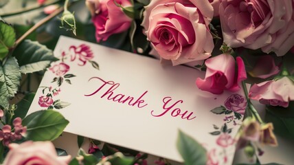 A "Thank You" card surrounded by a beautiful arrangement of pink roses and green leaves.
