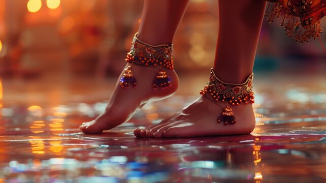 Close-up of bare feet adorned with traditional anklets on a reflective surface.