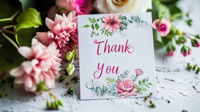 A floral "Thank You" card surrounded by fresh flowers on a white rustic background.