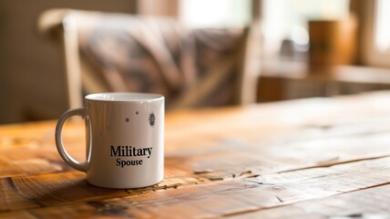 A mug with "Military Spouse" printed on it, resting a wooden table blurred background.