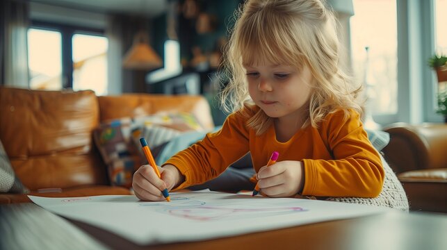 Close up kid drawing with crayon, coloring
