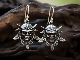 Pirate motif on silver earrings. Tiny imitation jewelry.