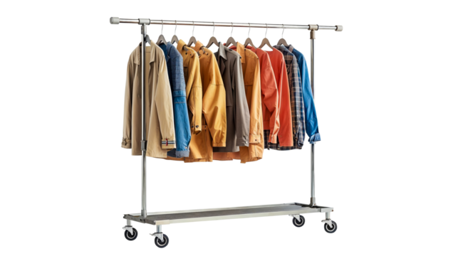 présentoir à vêtement sur roulettes isolé sur fond transparent