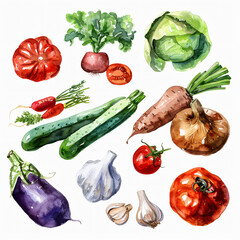 Watercolor assortment of fresh vegetables, bell peppers, tomatoes, garlic, carrots, onions, lettuce, and beetroot