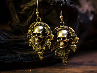 Gold earrings with a pirate skull motif. Small jewelry and imitation jewelry.
