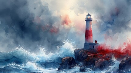 Watercolor painting of lighthouse by the sea during storm - obrazy, fototapety, plakaty