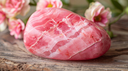 An elegant pink agate stone is artistically placed on a rustic wooden table, giving it a warm charm