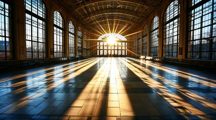 Sunset Rays Through Vintage Train Station Windows - obrazy, fototapety, plakaty