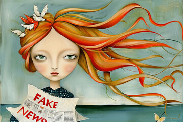 girl with vibrant red hair, confidently holding a fake newspaper with a mischievous expression