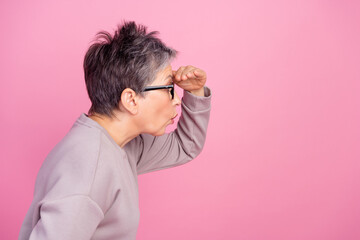 Side profile photo of excited business woman looking far away distant touch forehead copyspace open...