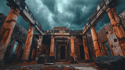 Ancient Ruins Under Stormy Skies - obrazy, fototapety, plakaty