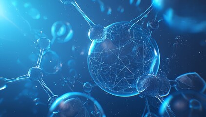 Blue background with an abstract representation of artificial intelligence, such as interconnected nodes or fractal patterns