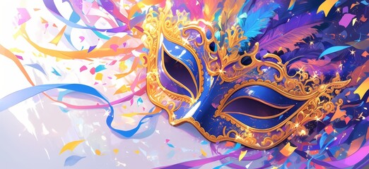 Carnival mask with colorful paint splashes on a white background, in the style of a banner design. 