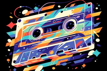 Color drip cassette tape, vectorized design on black background, very colorful and vibrant colors with paint splashes, contour lines. 