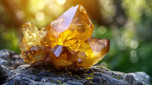 A radiant cluster of citrine crystals glistens among the textures of a forest background, evoking a sense of natural beauty and geological wonder