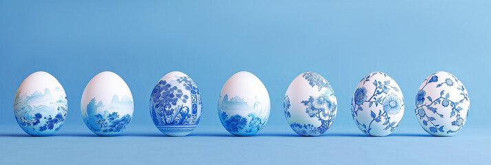 White Easter eggs decorated with blue paint designs, standing in a row. Greeting card, banner with copy space. Religious holiday, national culture