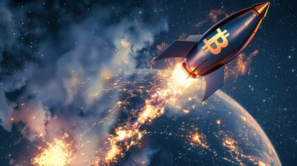 Bitcoin rocket veering off to the crypt before moon, crash imminent, eerie shadows, digital downfall ,  super realistic
