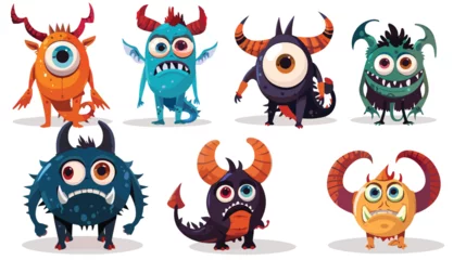 Afwasbaar Fotobehang Monster Big Eyed Monsters with Horns Expressing Emotions Ve