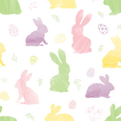 Vector seamless gentle pattern with flowers, bunnies, and easter eggs on white background.  Easter holiday decor for website, package, greeting card design