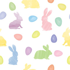 Easter seamless gentle vector pattern with bunnies and easter eggs over white background. Easter holiday decor for website, package, greeting card design