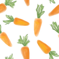 Carrot Vegetable seamless watercolor pattern. Easter food over white background. Cooking decor for website, package, card design