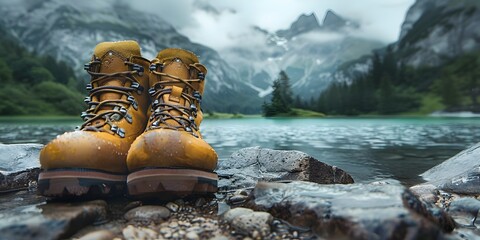 Hiking Boot Character Trekking Through Tranquil Mountainscape with Serene Lake View - obrazy, fototapety, plakaty