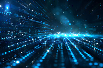 Obraz premium Abstract digital background with blue binary code and light streaks on black background, symbolizing technology and data transfer in cyberspace. This represents the flow of data in computer networks.