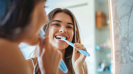 A beautiful young woman brushes her teeth with a toothbrush in bathroom, standing in front of a mirror and looking into the mirror in the bathroom interior. Concept of daily dental care, oral hygiene