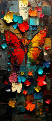 Abstract grunge background with butterfly made from colorful pieces of paint.