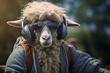 Funny sheep dressed to go to music festival reggae.