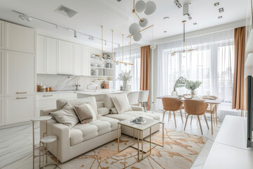 Fototapeta na wymiar Bright studio apartment in Scandinavian style and warm pastel white and beige colors.