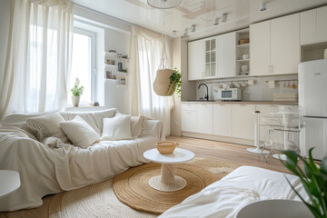 Bright studio apartment in Scandinavian style and warm pastel white and beige colors.