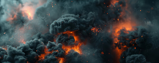 Eerie Dark Sky with Blazing Flames, Fiery Smoke Cloud Photography