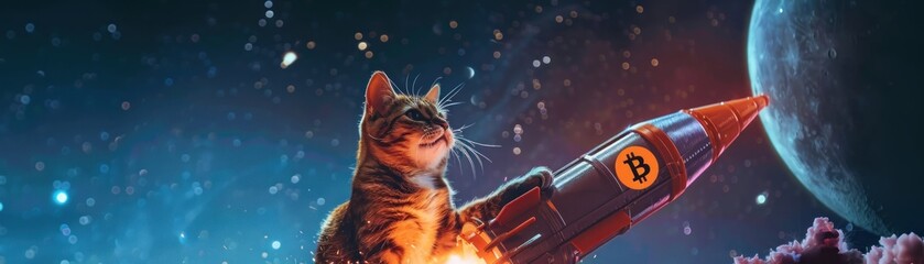 Cat captain steering Bitcoin rocket to the moon, starry backdrop, bold adventure, cute determination , photographic style