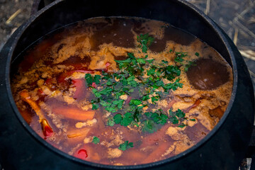 tomatoes and peppers when preparing soup in a cauldron