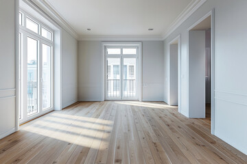 Interior of empty spacious living room with white walls and laminated floor with doors leading to balcony.