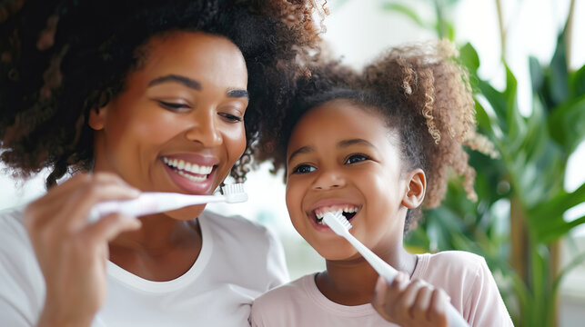Mom and daughter brush their teeth with toothbrush in the bathroom interior. Concept of daily dental care, oral hygiene, parenting, good habits - Powered by Adobe