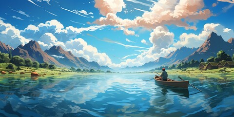 A man is in a canoe on a lake with mountains in the background - obrazy, fototapety, plakaty