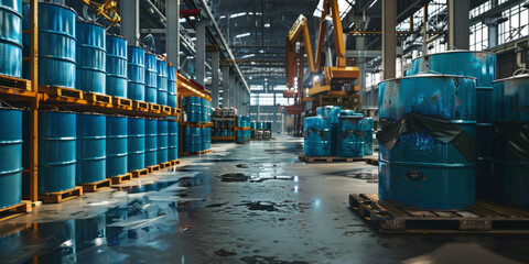 Blue Metal Drums Stored in an Industrial Factory Setting - obrazy, fototapety, plakaty