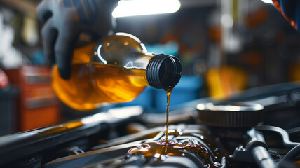 Pouring motor oil into car engine - obrazy, fototapety, plakaty