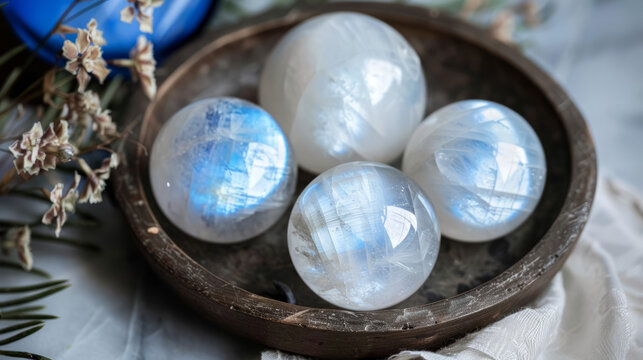 Five selenite crystal balls nestled in a wooden bowl surrounded by dried flowers and blue accents