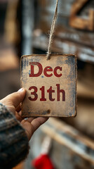 A hand holding a wooden sign with the date December 31st on it
